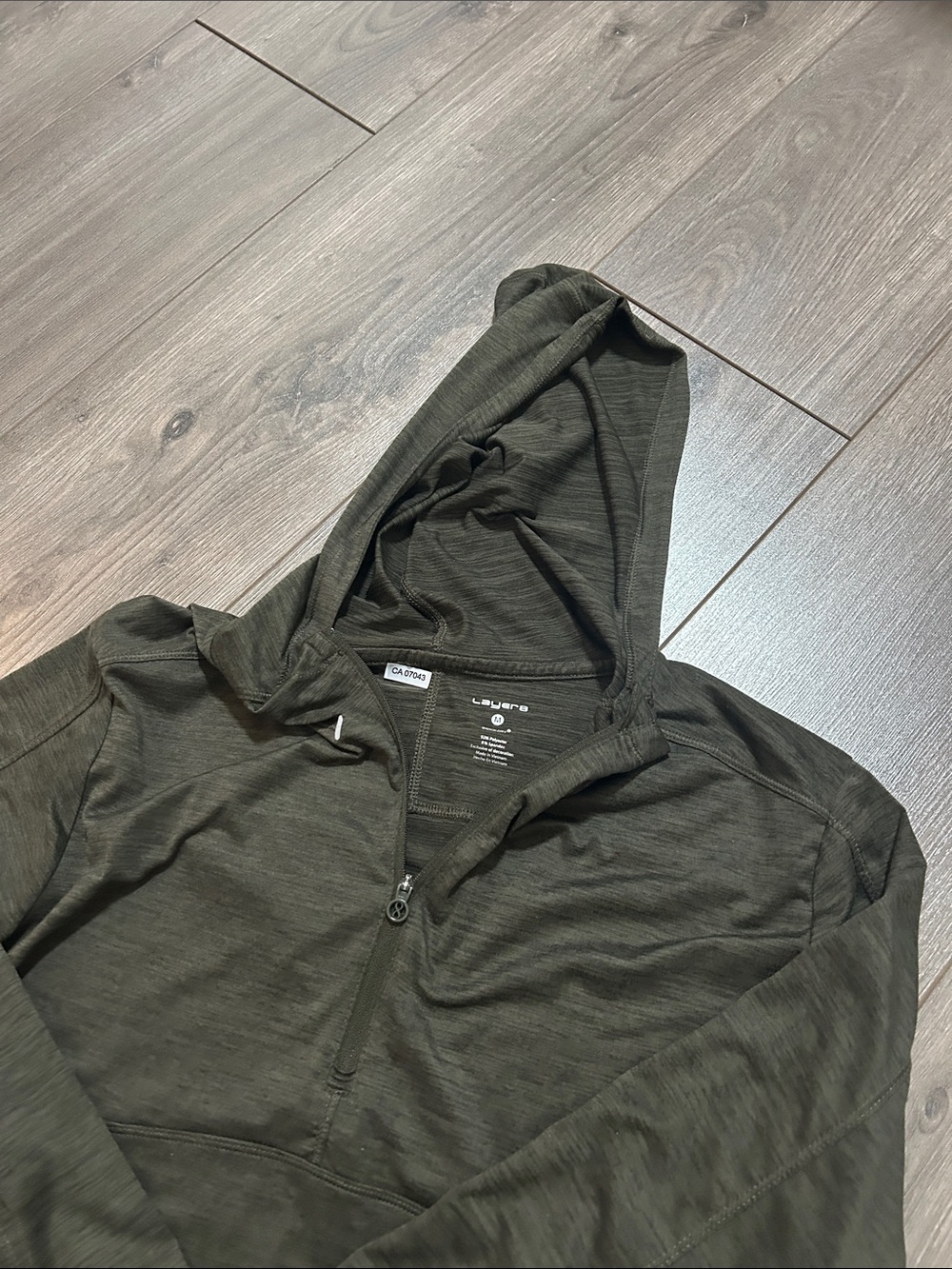 Layer8 short light weight olive green hoodie.  Great for outdoor activities.